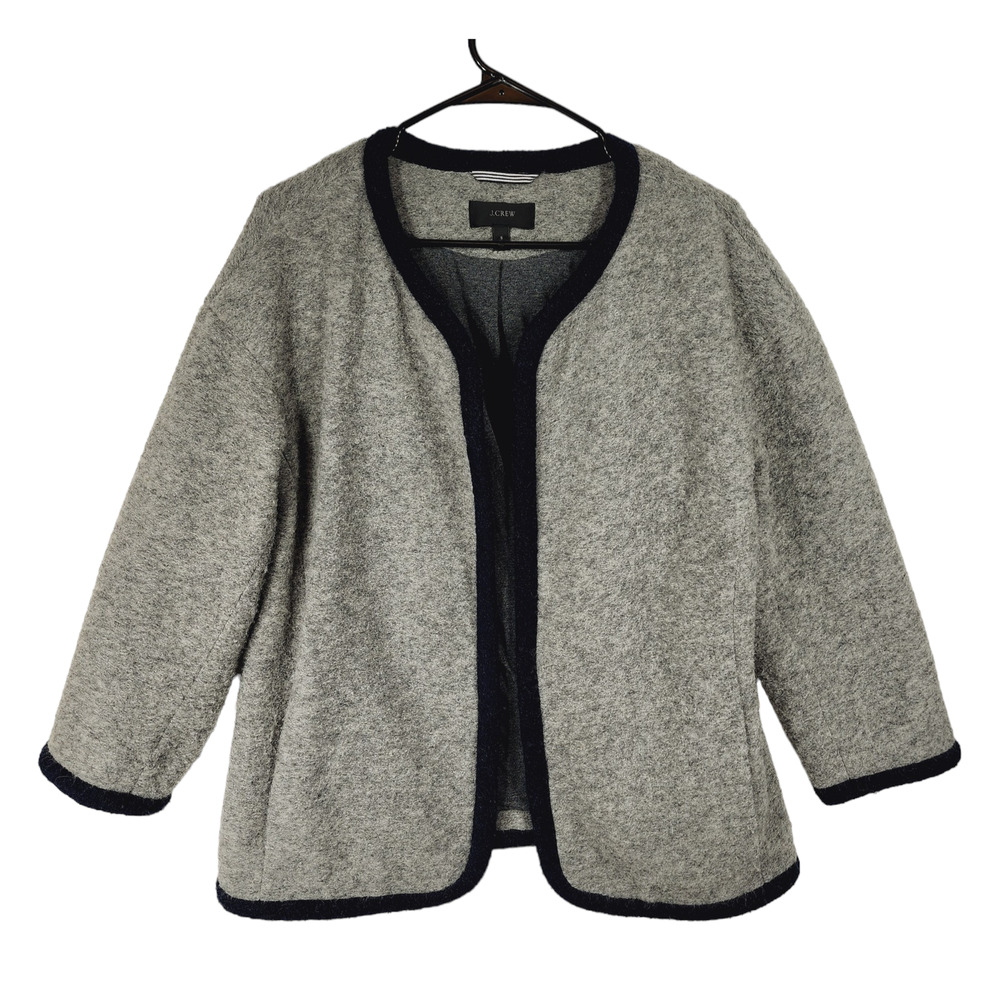 J Crew Boiled Wool Coat Jacket S‎ Women Gray Navy Blue Trim Open Front Lined